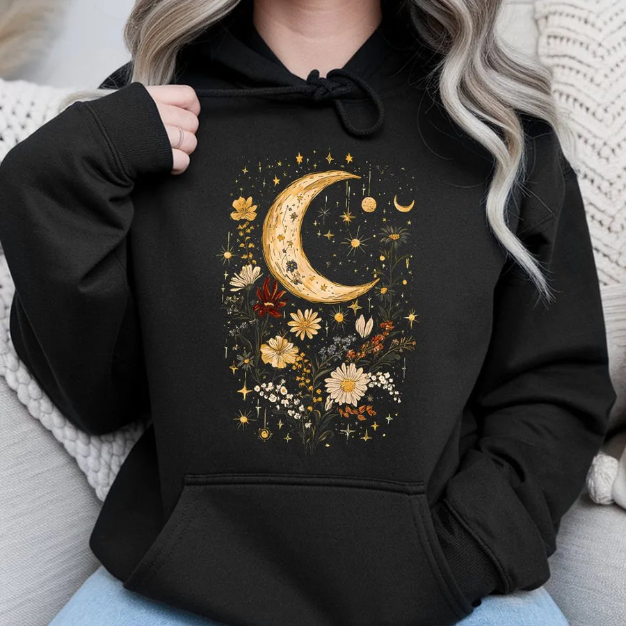 Vintage Moon Wildflower Hoodie | Celestial Botanical Graphic Sweatshirt | Premium Cotton-Blend Pullover | Cottagecore Aesthetic Gift