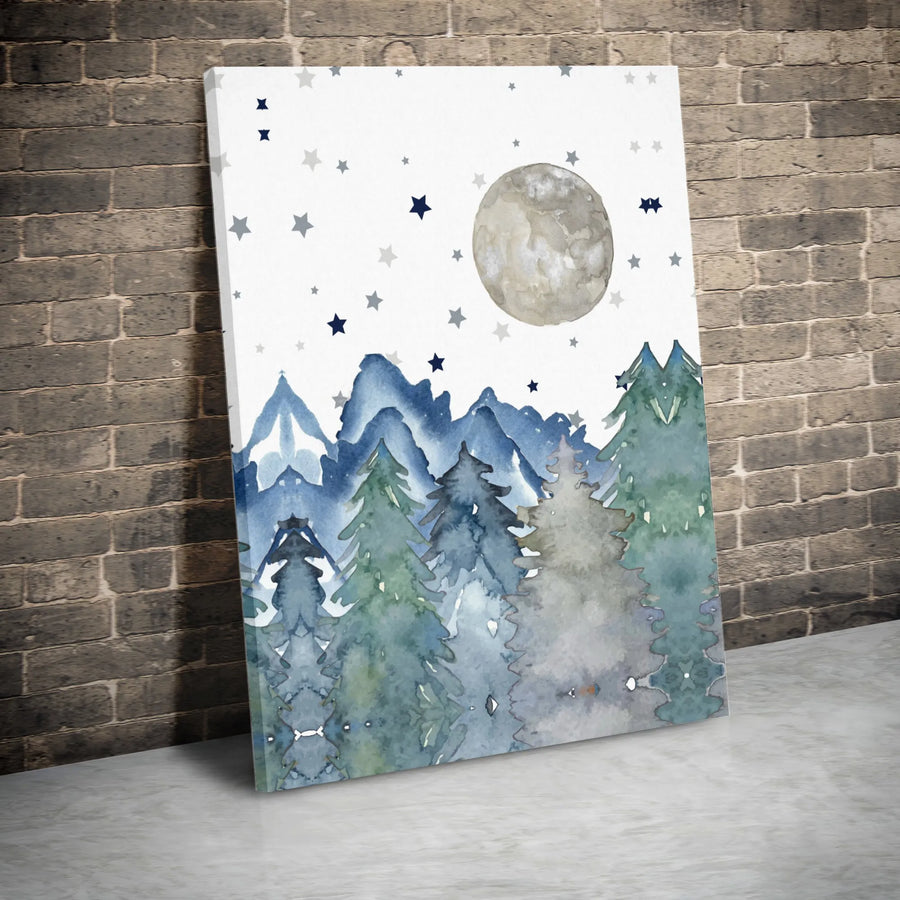 Watercolor Mountain Forest Wall Art | Moon and Stars Night Landscape | Gallery Wrapped Premium Canvas | Ready to Hang Nursery or Living Room Decor