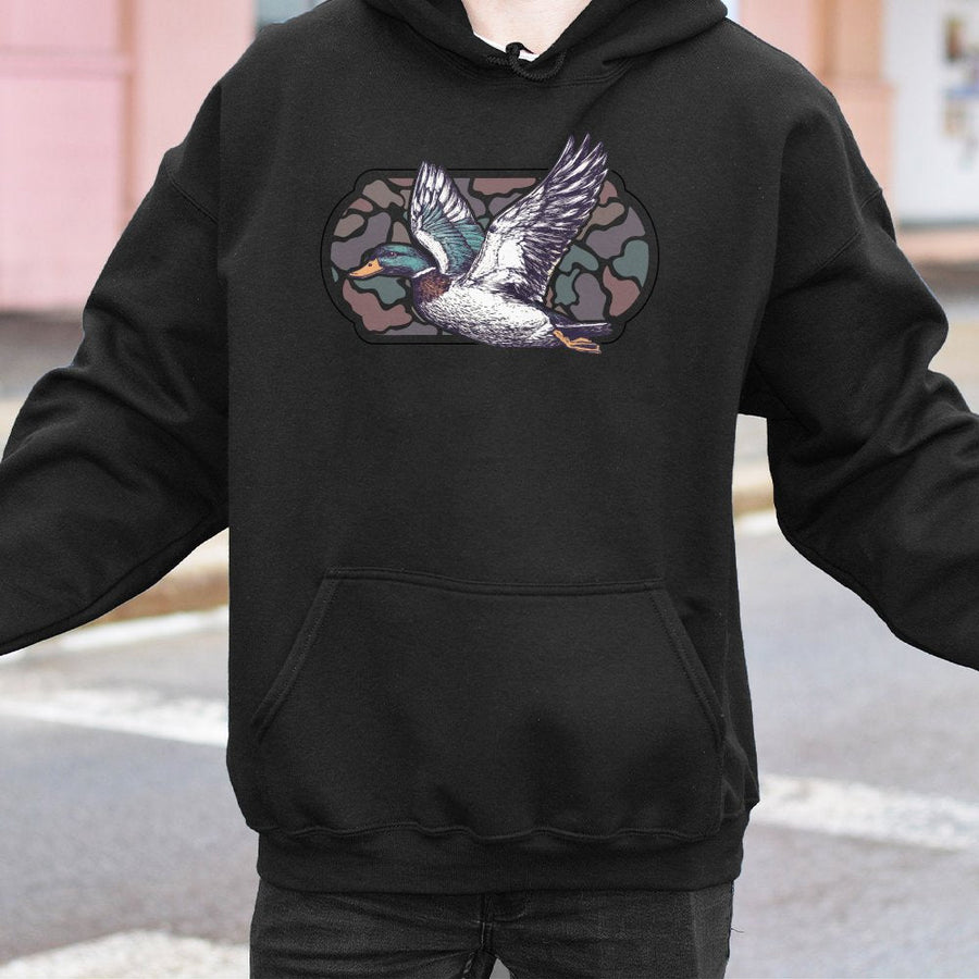 Flying Mallard Duck Hoodie | Retro Camo Wildlife Graphic | Premium Cotton Blend | Gift for Hunters and Nature Lovers