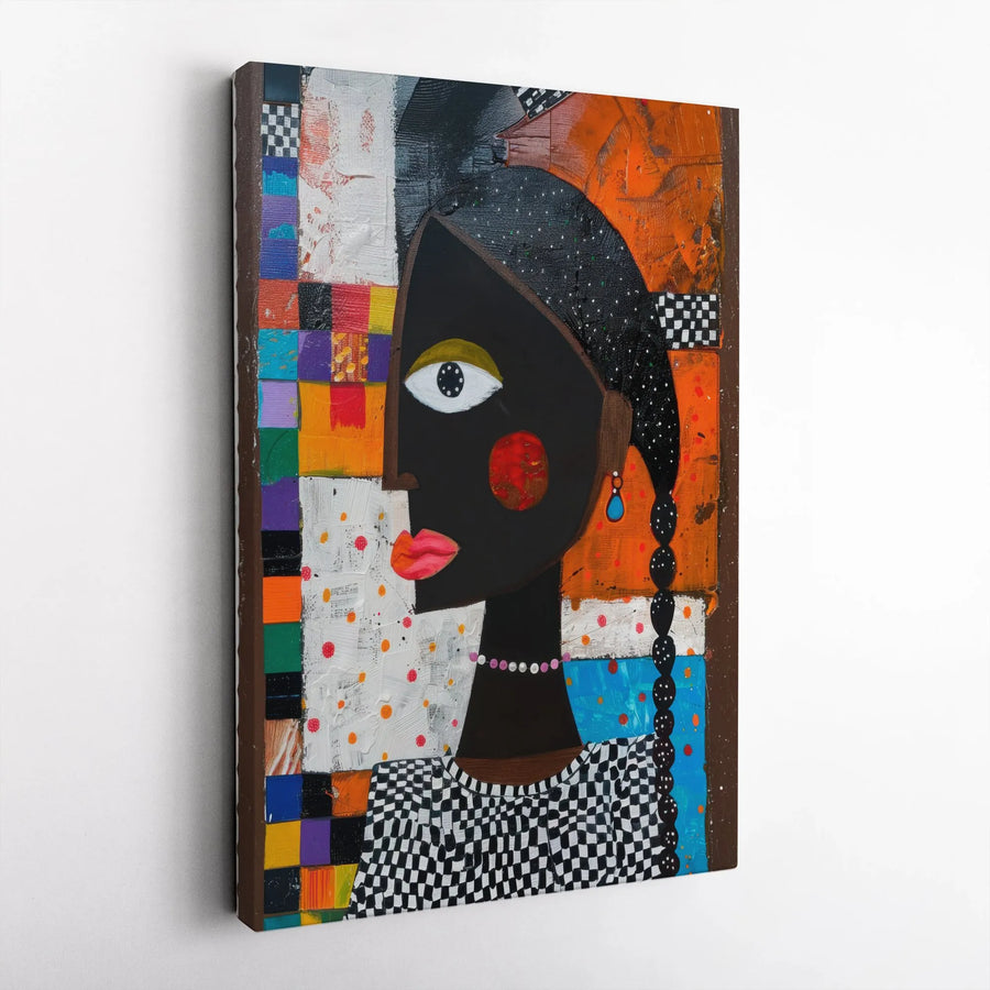 Abstract Black Woman Canvas Wall Art | Modern Cubist Portrait with Geometric Patterns | Premium Gallery Wrapped Print | Cultural Home Decor Gift