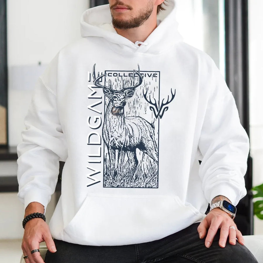 Deer Hunting Hoodie | Vintage Buck Sketch Graphic with Antlers | Premium Cotton Blend | Gift for Hunter and Outdoorsman