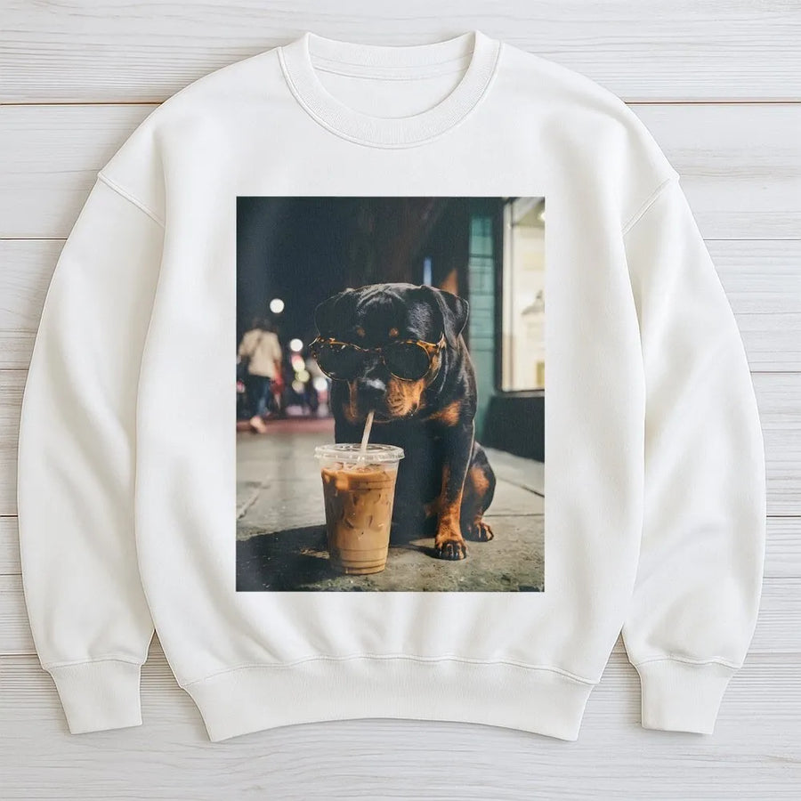Funny Rottweiler Sweatshirt | Puppy Drinking Iced Coffee with Sunglasses | Premium Cotton-Blend Sweatshirt | Gift for Dog Lover & Rottie Mom