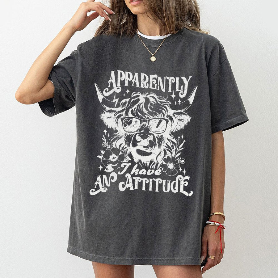 Highland Cow T-Shirt | Funny Apparently I Have An Attitude Graphic | 100% Cotton Premium Unisex Tee | Gift for Farm Animal and Cattle Lovers