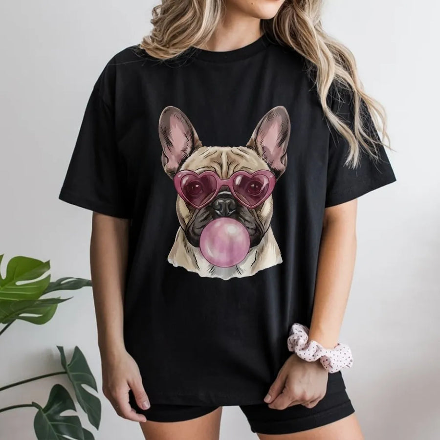 French Bulldog T-Shirt | Heart Glasses Bubblegum Dog Design | Premium Cotton Graphic Tee | Cute Valentine’s Day Gift For Dog Lovers