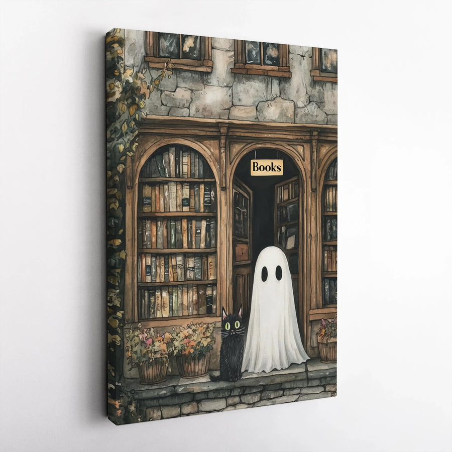 Ghost Reading Books Canvas Wall Art | Whimsical Bookstore Cat Decor | Gallery Wrapped Premium Print | Spooky Academia Gift for Book Lovers