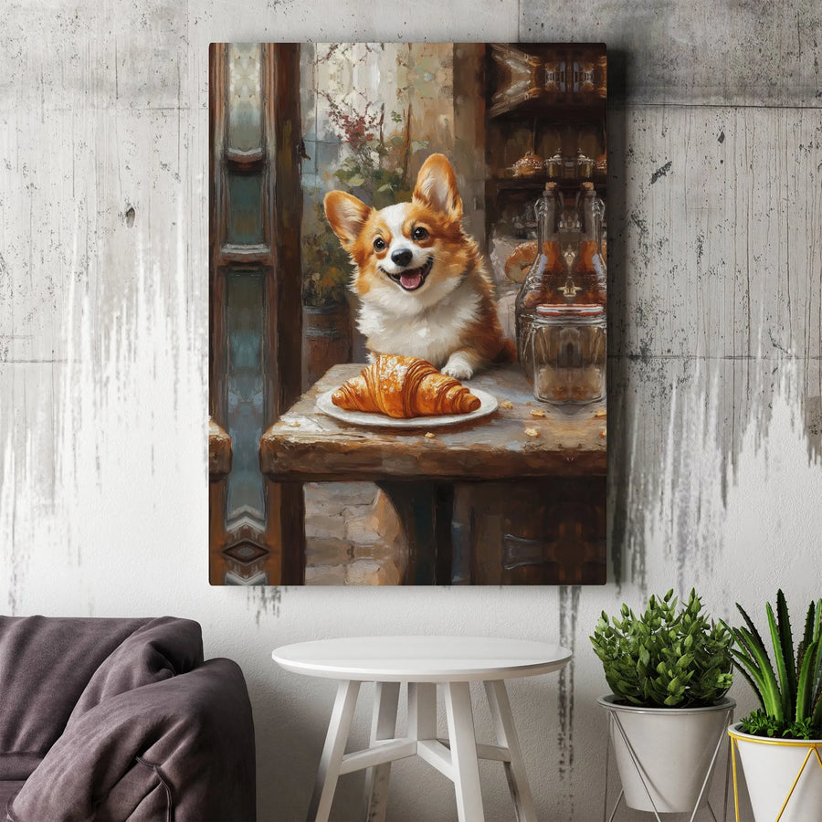 Corgi With Croissant Canvas Wall Art | Whimsical Cafe Style Oil Painting | Premium Fade-Resistant Gallery Wrap | Gift for Dog Lovers and Bakeries