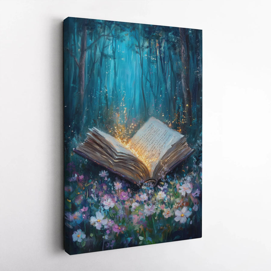 Enchanted Forest Wall Art | Magical Glowing Book In Wildflowers | Premium Gallery Wrap Canvas | Fantasy Decor Gift For Book Lovers
