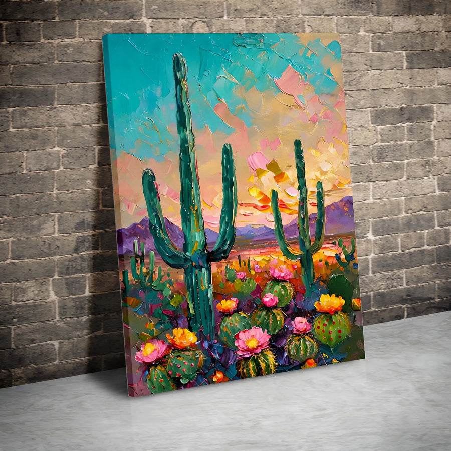 Desert Landscape Canvas Wall Art | Colorful Saguaro Cactus Impasto Painting | Premium Gallery Wrapped Decor | Southwestern Gift For Home