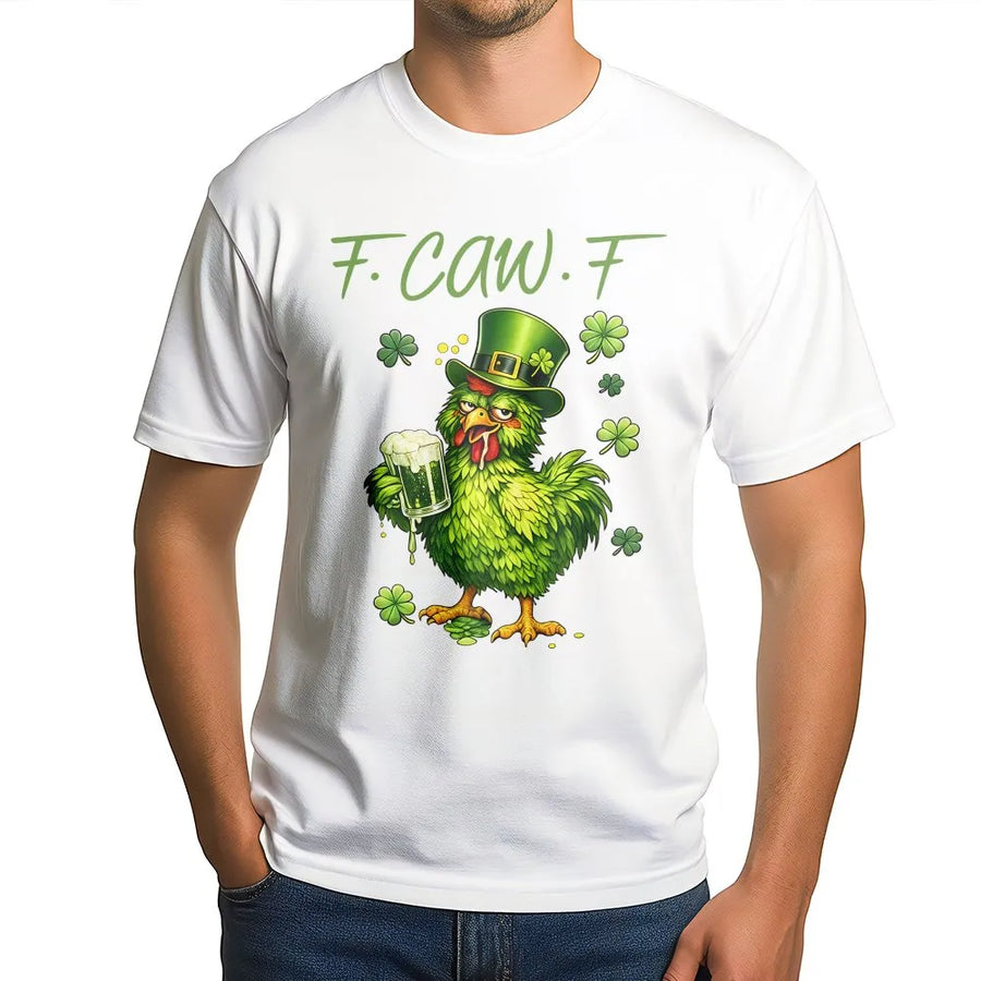 St. Patrick's Day Funny Chicken T-Shirt | F-Caw-F Irish Leprechaun Drinking Beer Graphic | 100% Cotton Premium Tee | Unique Gift For Men And Women