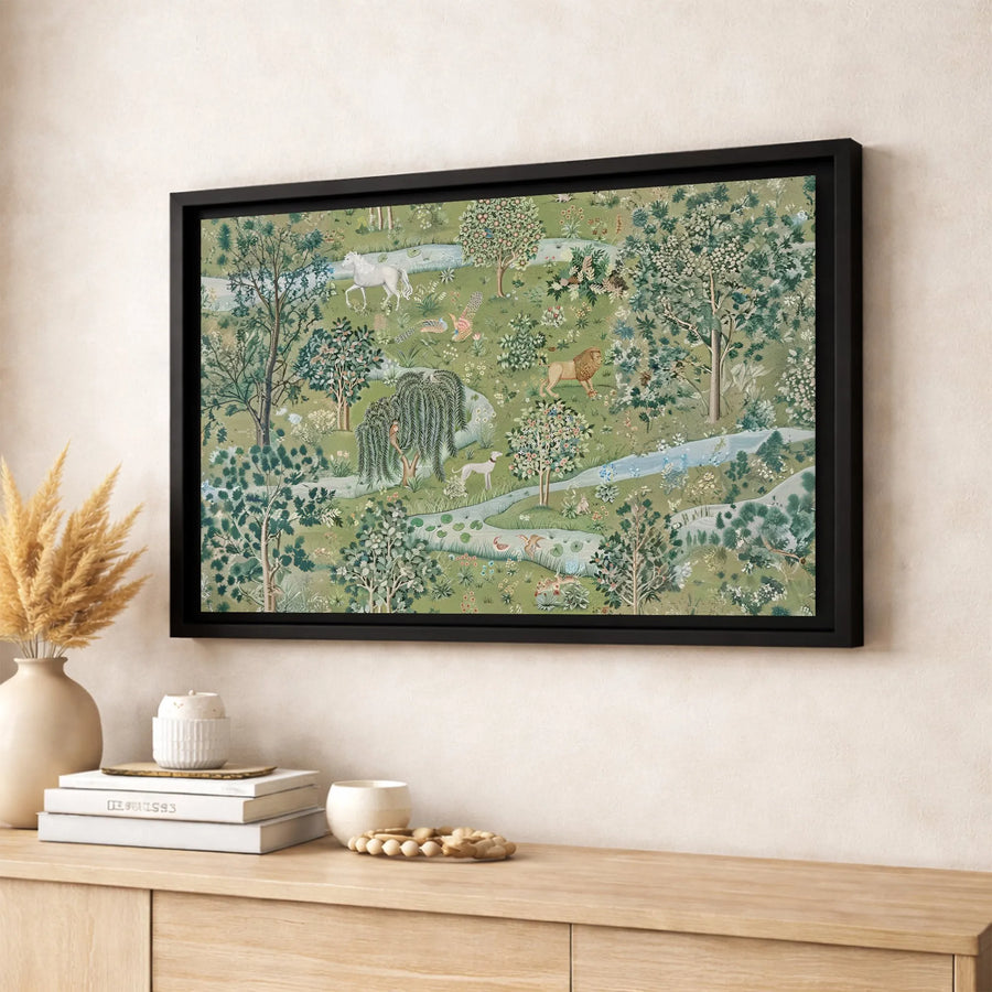 Enchanted Forest Canvas Wall Art | Millefleurs Medieval Tapestry Style Print | Premium Gallery-Wrapped Decor | Mythical Unicorn & Lion Gift