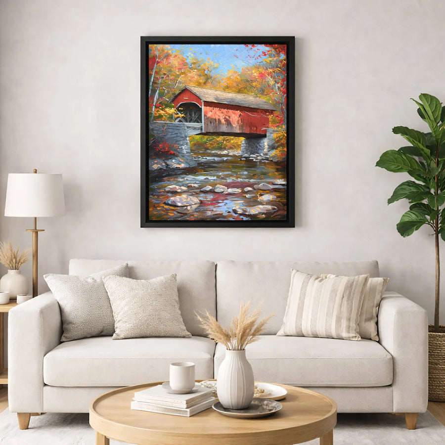Red Covered Bridge Canvas Wall Art | Autumn Forest Landscape Painting | Premium Gallery-Wrapped 1.25" Profile | Rustic Home Decor Print