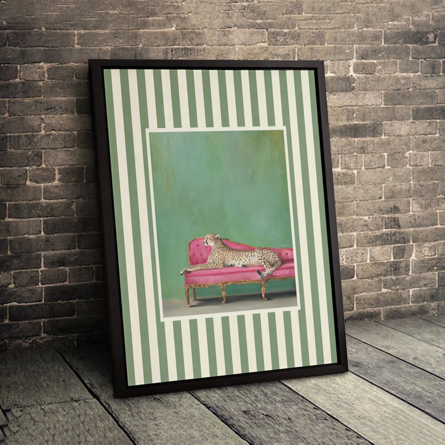 Cheetah On Pink Chaise Lounge Canvas Print | Whimsical Animal Wall Art | Premium Gallery-Wrapped Decor | Maximalist Home Gift