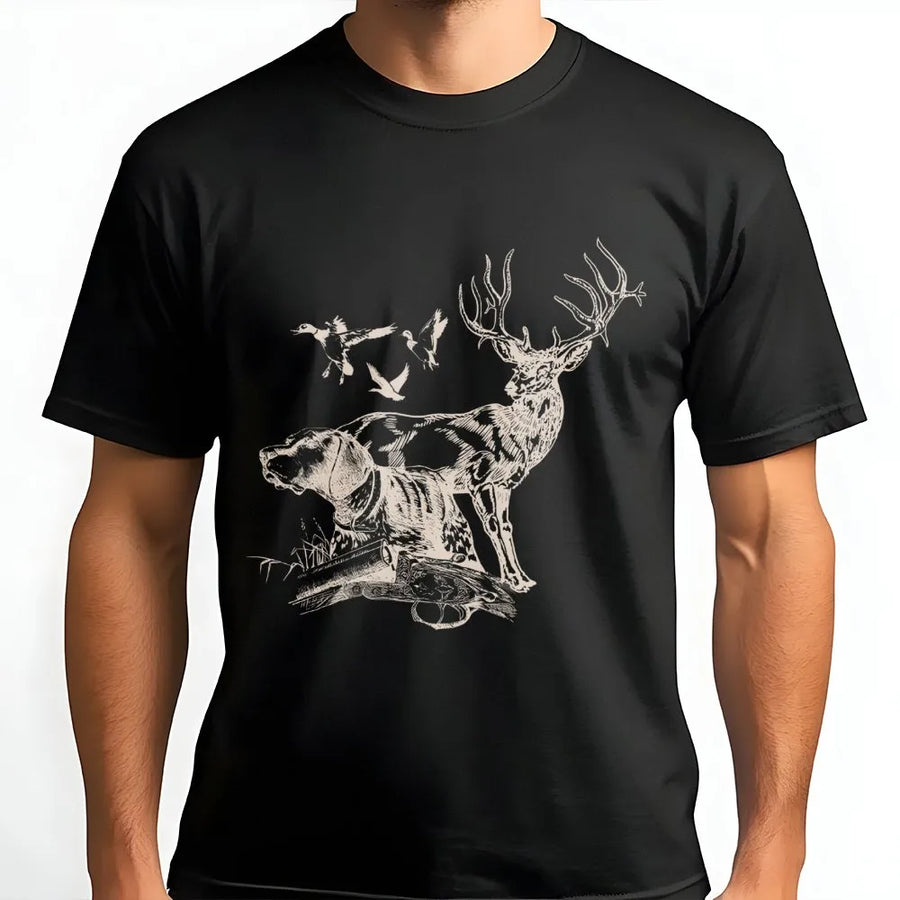Hunting T-Shirt | Vintage Deer And Pointer Dog Graphic | Premium Soft Cotton Tee | Outdoorsman Gift For Hunter
