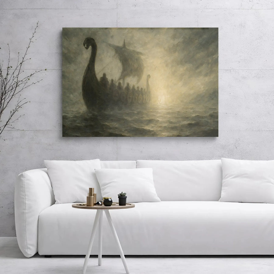 Viking Longship Wall Art | Misty Ocean Oil Painting Style | 1.25-Inch Gallery Wrap Canvas | Premium Historical Decor Gift for History Buffs