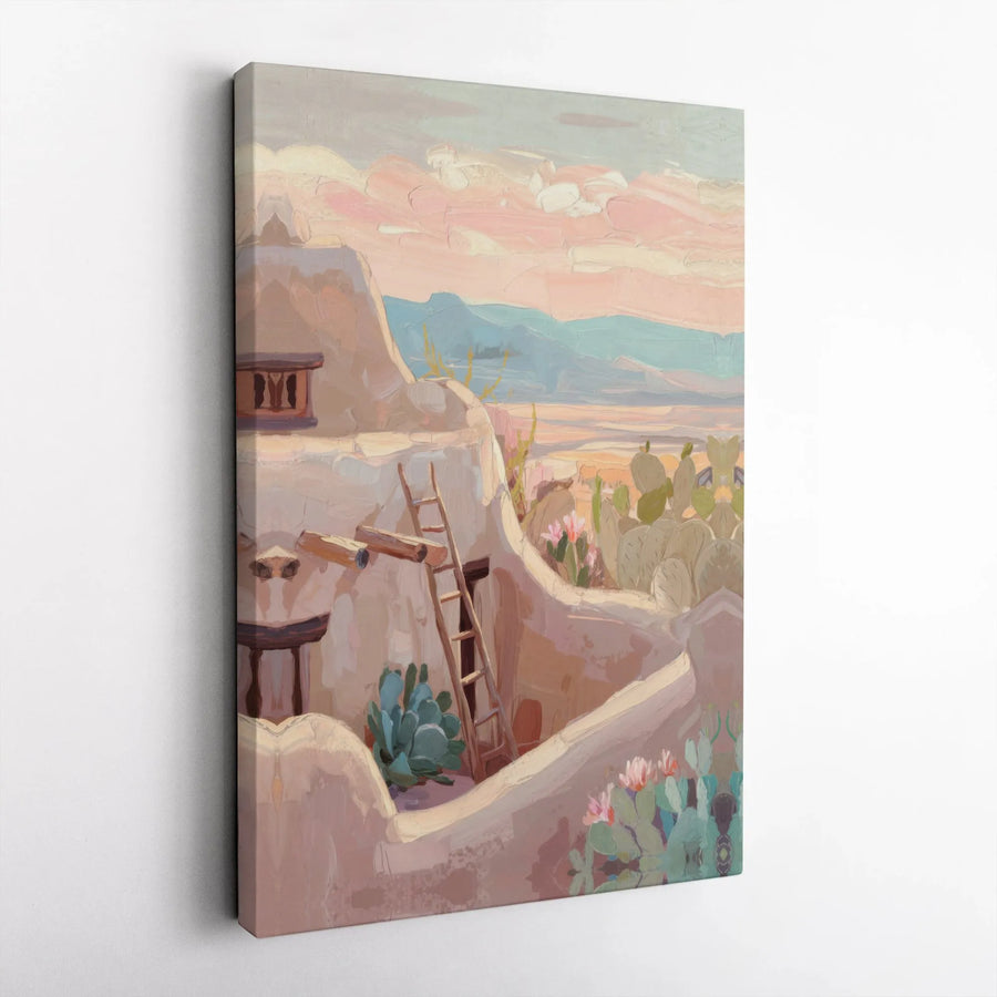 Southwestern Canvas Print | Adobe Pueblo and Cactus Desert Scene | Premium Gallery Wrapped Canvas | Southwestern Home Decor Gift