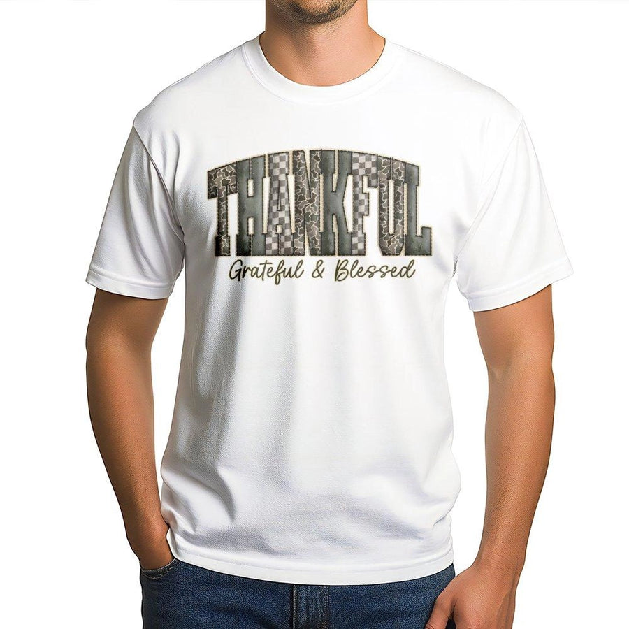Thankful Grateful Blessed T-Shirt | Camo Western Graphic Print | Premium Soft Cotton | Thanksgiving Fall Gift for Women