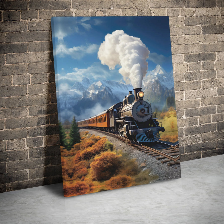 Vintage Steam Train Wall Art | Mountain Railway Autumn Landscape | Gallery Wrapped Premium Canvas | Gift for Train Enthusiasts & Travel Lovers