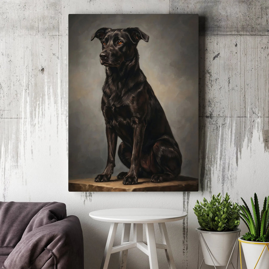 Regal Black Dog Portrait Canvas | Vintage Oil Painting Style Wall Art | Premium Gallery Wrapped Print | Gift for Dog Lover, Pet Memorial Decor