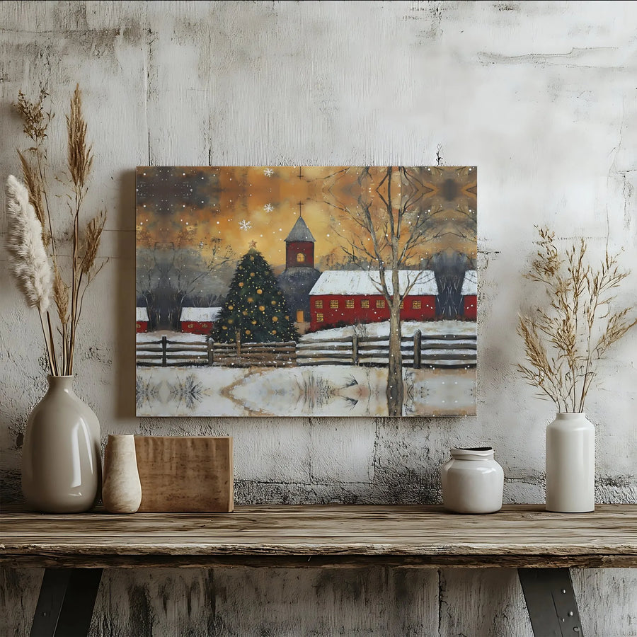 Winter Christmas Village Canvas Wall Art | Snowy Red Church Landscape | Premium Gallery-Wrapped Print | Festive Holiday Home Decor