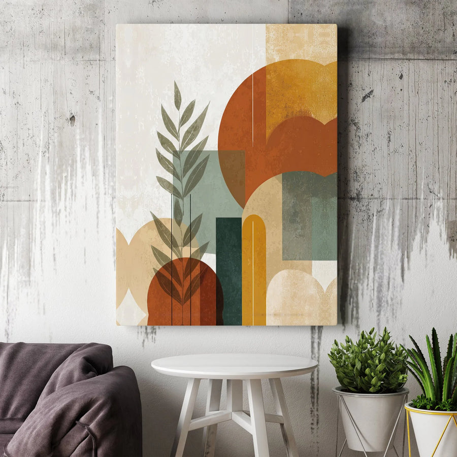 Abstract Geometric Canvas Wall Art | Mid-Century Modern Botanical Print | Premium Gallery-Wrapped Decor | Earthy Tones Living Room Gift