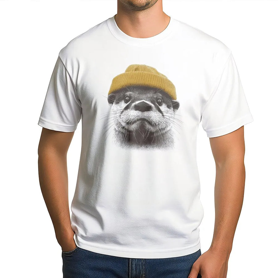 River Otter T-Shirt | Cute Animal Wearing Mustard Yellow Beanie | 100% Cotton Premium Quality Tee | Funny Nature Wildlife Gift For Men Women