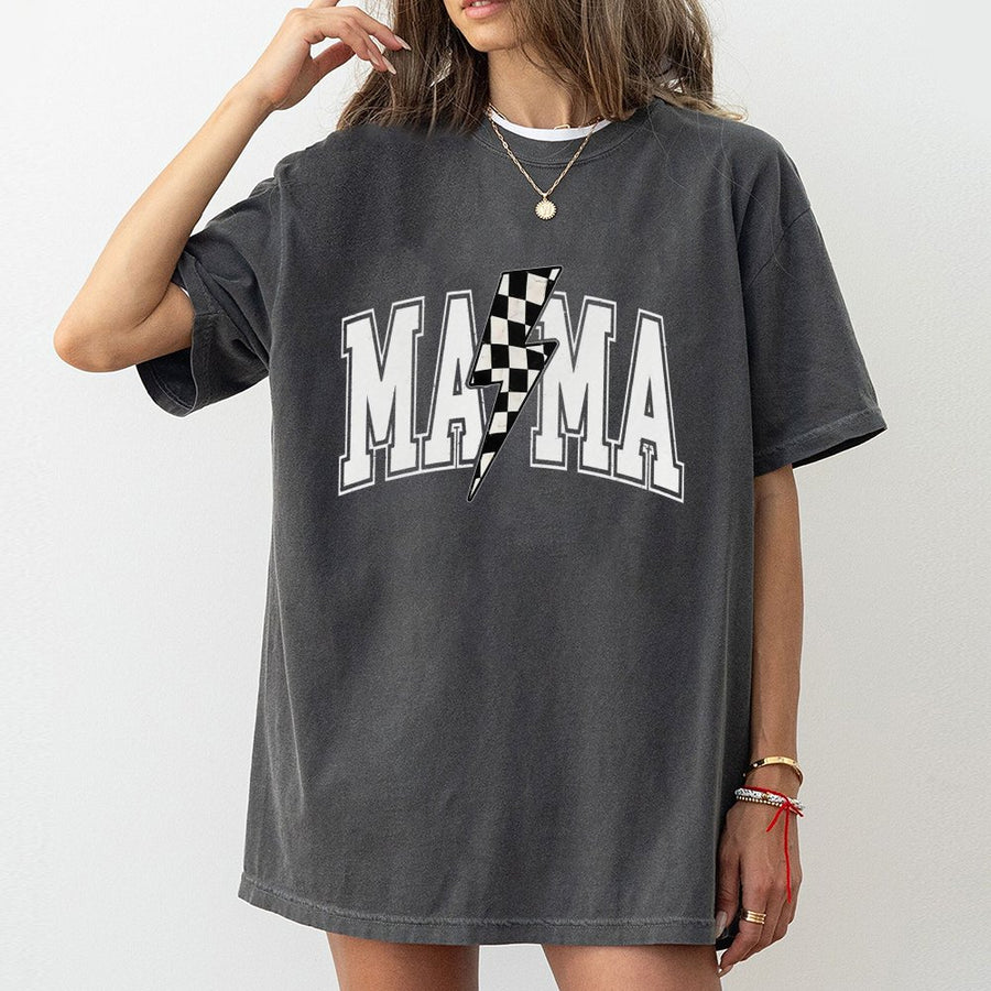 Mama T-Shirt | Retro Checkered Lightning Bolt Graphic | Premium 100% Cotton Tee | Trendy Mom Gift for Mother's Day 2026 and Birthday