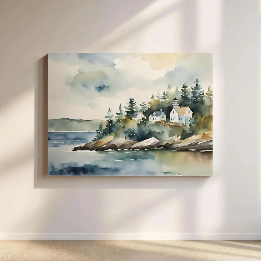 Coastal Village Canvas Wall Art | Watercolor Seaside Landscape Print | Premium Gallery Wrapped Canvas | Nautical Home Decor Gift for Living Room