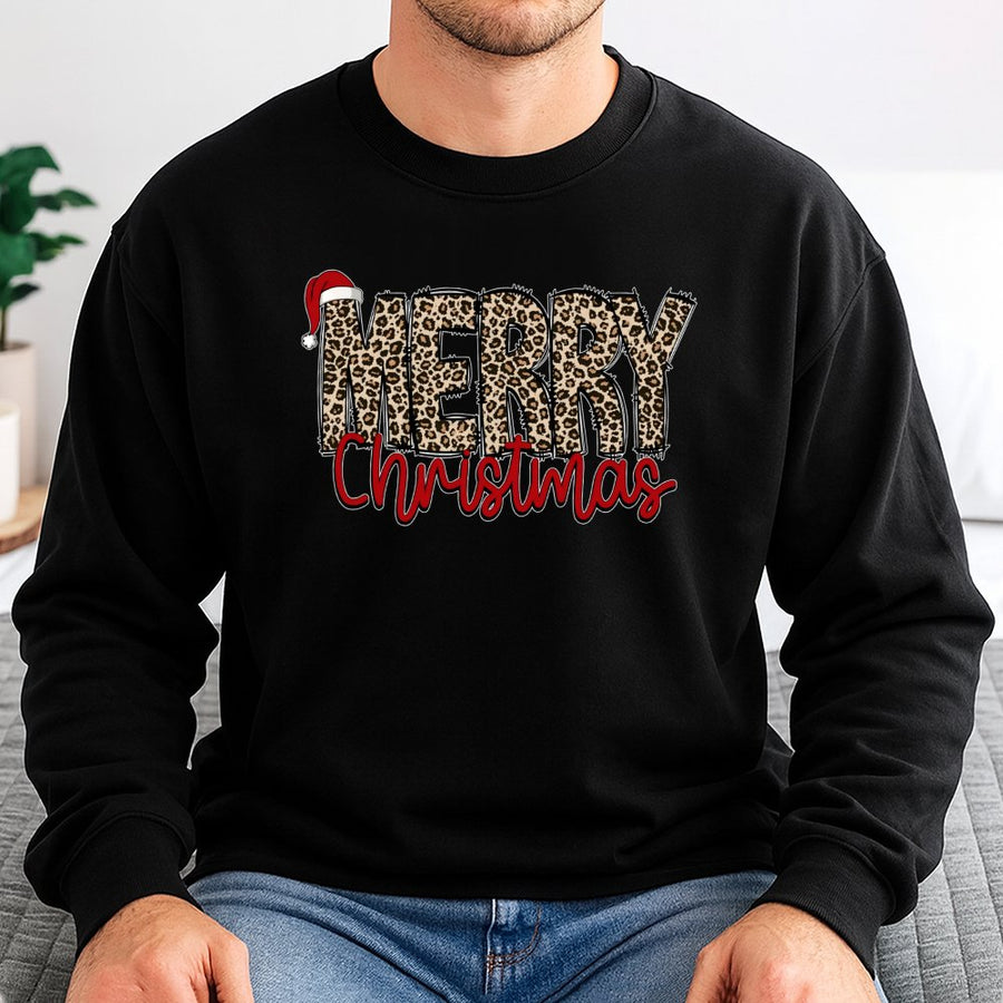 Merry Christmas Sweatshirt | Leopard Print Holiday Graphic | Cotton Blend Unisex Pullover | Festive Gift for Her