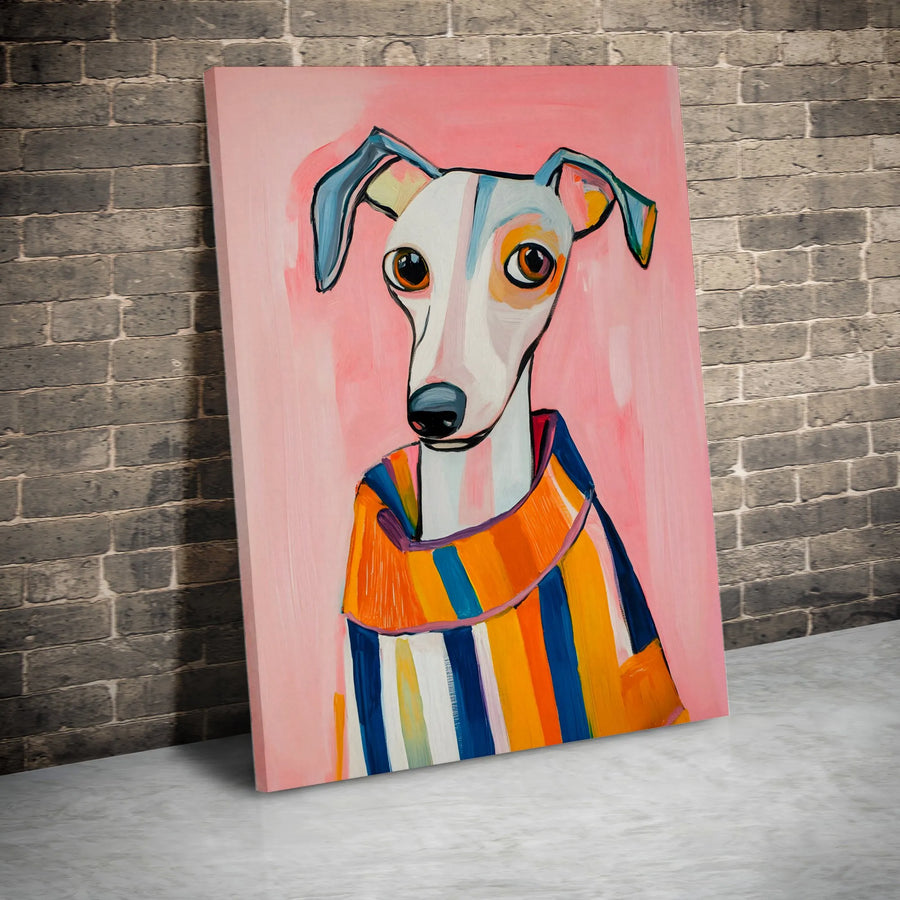 Pop Art Greyhound Canvas Wall Art | Colorful Dog in Striped Sweater | Premium Gallery Wrapped Canvas | Gift for Italian Greyhound Owner & Pet Lover