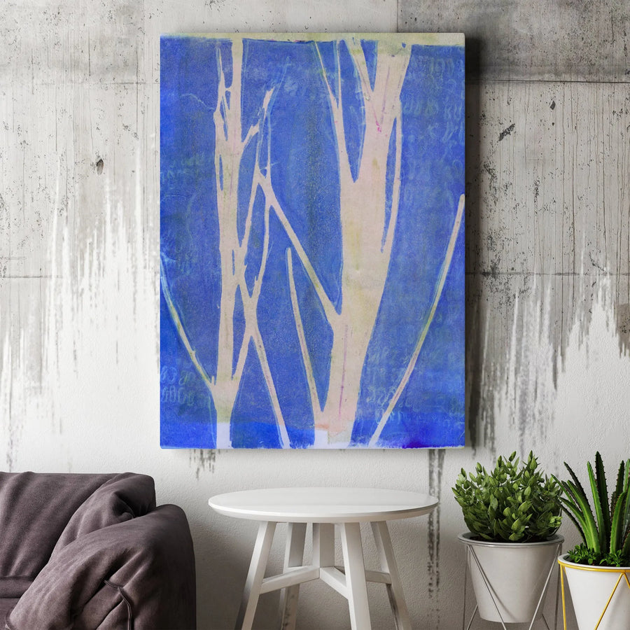 Abstract Twig Canvas Print | Blue Monoprint Style Botanical Wall Art | Premium 1.25" Thick Profile | Modern Living Room Decor Gift