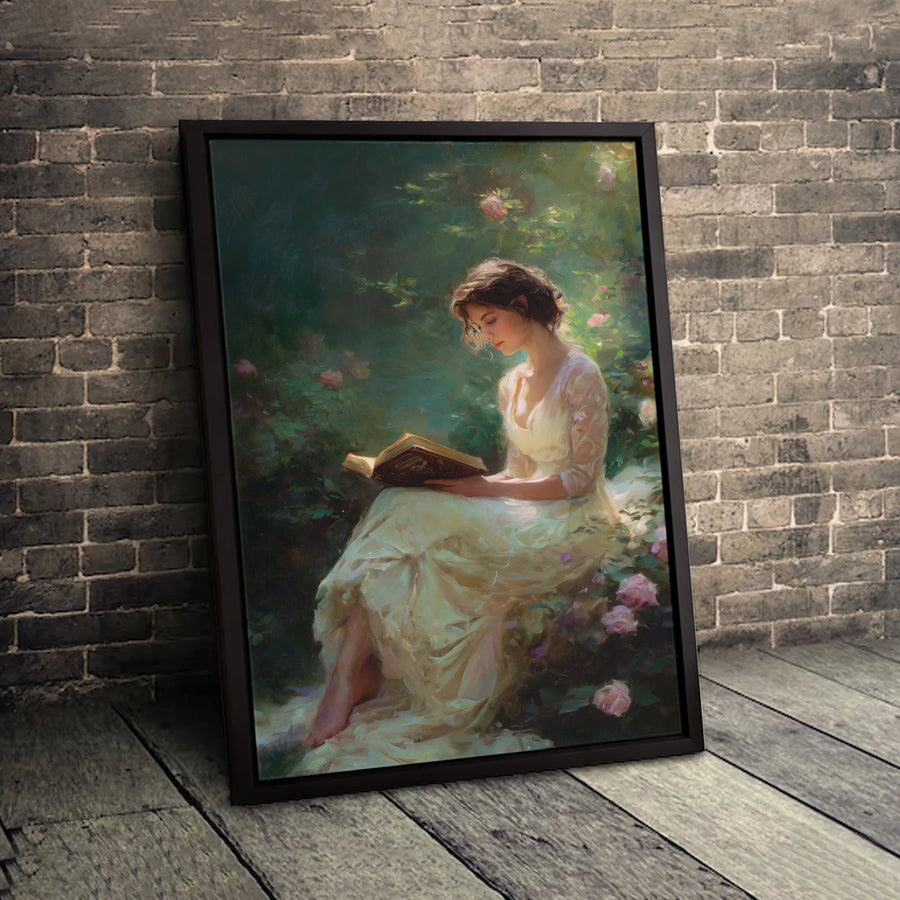 Woman Reading In Rose Garden Canvas | Romantic Impressionist Art Print | 1.25 Inch Gallery Wrap | Elegant Home Decor Gift For Her