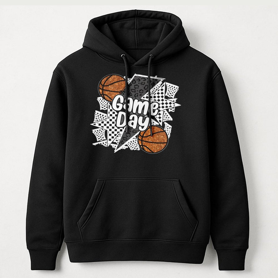 Game Day Basketball Hoodie | Glitter Leopard Sports Graphic | Premium Cotton Blend Pullover | Cute Gift for Basketball Mom & Fan
