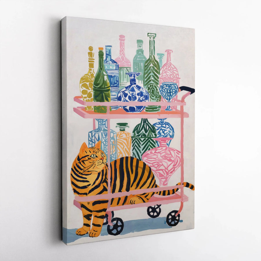 Tiger Cat Art Print | Whimsical Bar Cart Wall Decor | Premium 1.25" Gallery Canvas | Unique Living Room Gift For Cat Lovers