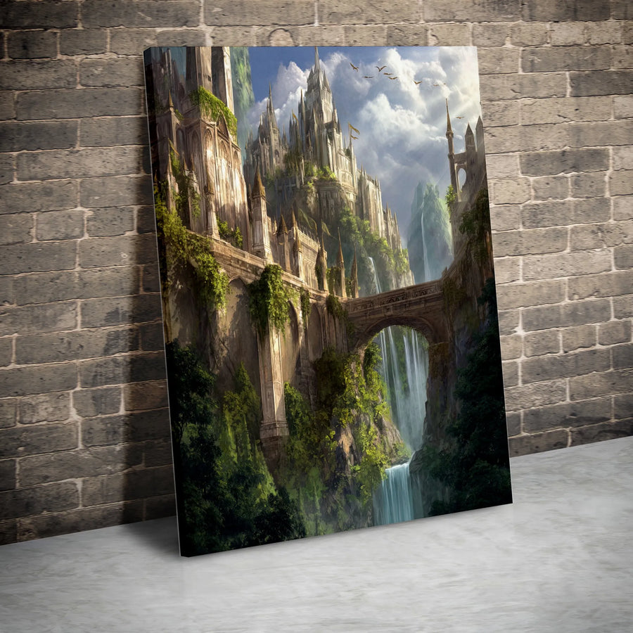 Fantasy Castle Canvas Wall Art | Mountain Citadel with Waterfalls | Premium Fade-Resistant Print | Gift for Fantasy Reader & Gamer