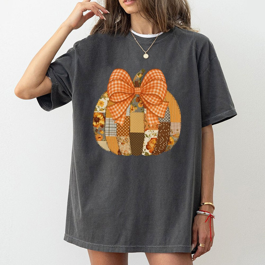 Autumn Pumpkin T-Shirt | Patchwork Floral Design with Gingham Bow | 100% Cotton Premium Tee | Coquette Fall Shirt for Women and Girls
