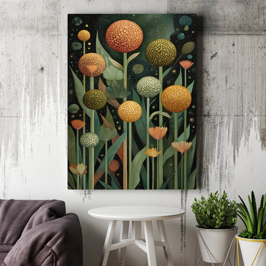 Modern Botanical Canvas Wall Art | Stylized Allium Flower Print with Textured Dots | Premium Frameless Canvas | Living Room & Office Decor Gift