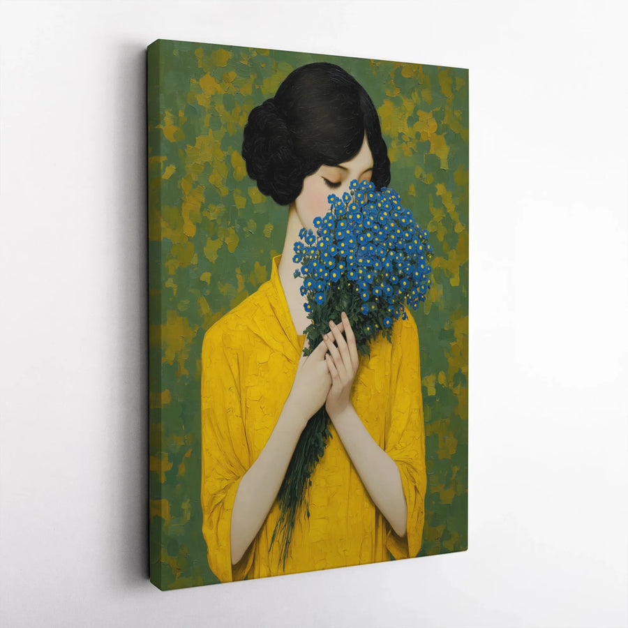 Woman with Flowers Canvas Print | Impressionist Portrait Painting with Blue Bouquet | Premium Gallery Wrapped Wall Art | Living Room & Bedroom Decor Gift