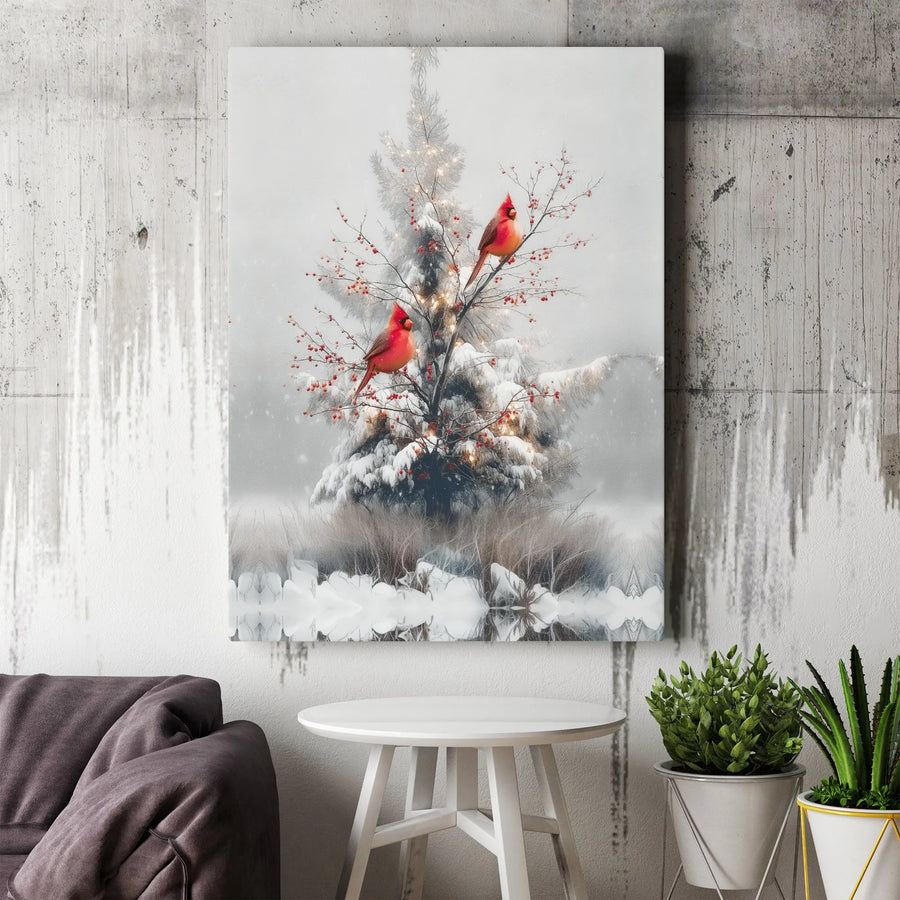Red Cardinal Canvas Wall Art | Snowy Winter Pine Tree Decor | Premium Gallery Wrap Print | Christmas Holiday Home Gift