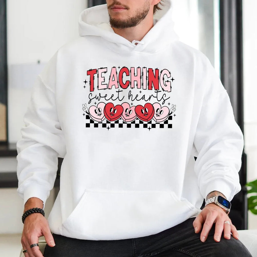 Teaching Sweethearts Hoodie | Retro Valentine Teacher Graphic | Premium Cotton Blend | Teacher Appreciation Gift for Her