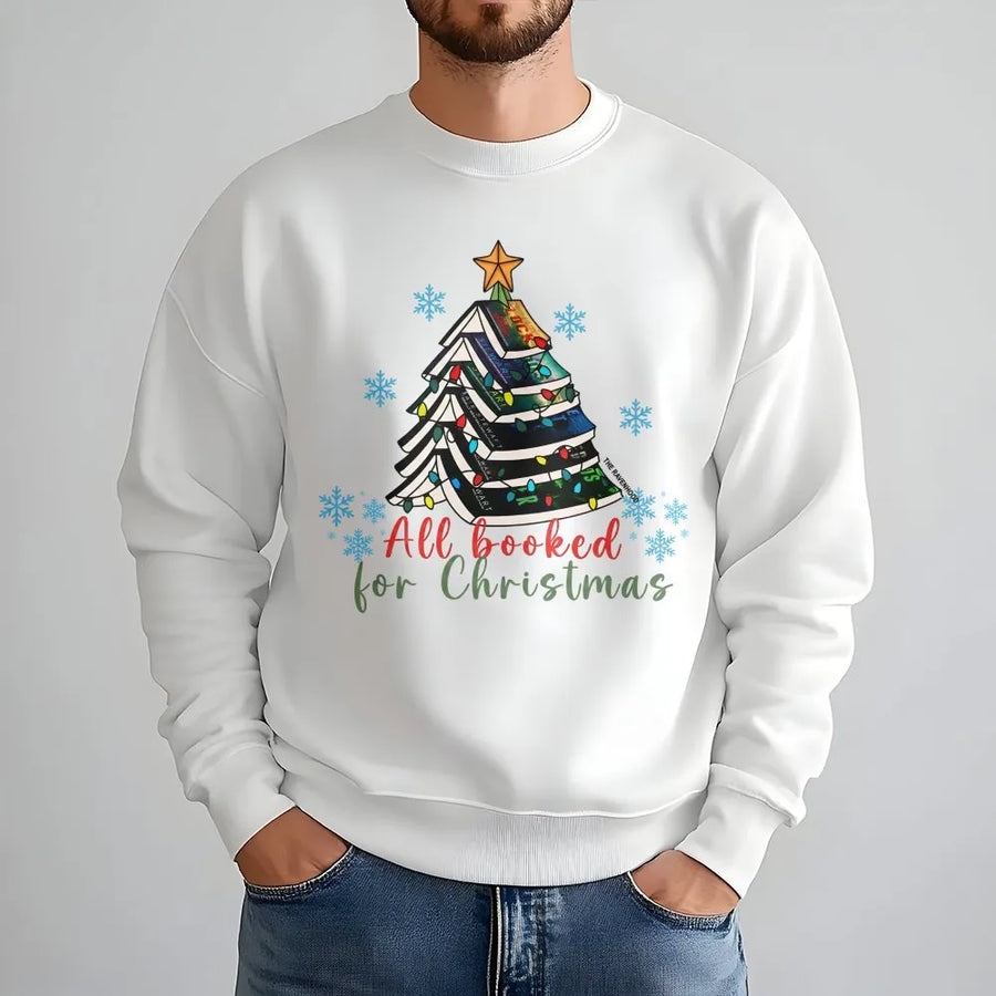 All Booked For Christmas Sweatshirt | Book Tree Festive Reader Graphic | Cozy Cotton Blend Unisex Crewneck | Perfect Gift For Bookworms & Librarians