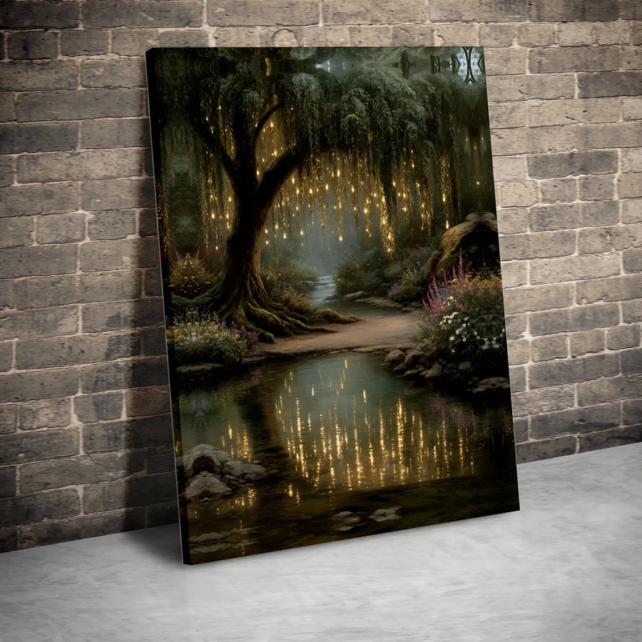Enchanted Forest Canvas Wall Art | Glowing Weeping Willow & River Print | Premium Gallery Wrapped Canvas | Fantasy Bedroom Decor Gift