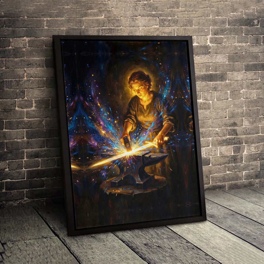 Fantasy Blacksmith Canvas Art | Magical Sword Forging Wall Decor | 1.25-Inch Gallery Wrap Print | Epic Gamer Room & Office Decor