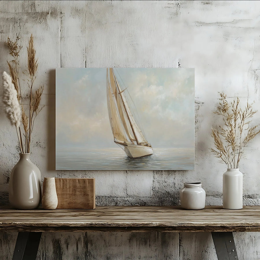 Sailboat Canvas Wall Art | Vintage Seascape Painting Style Print | Premium 1.25" Thick Canvas | Coastal Home Decor Gift for Sailor