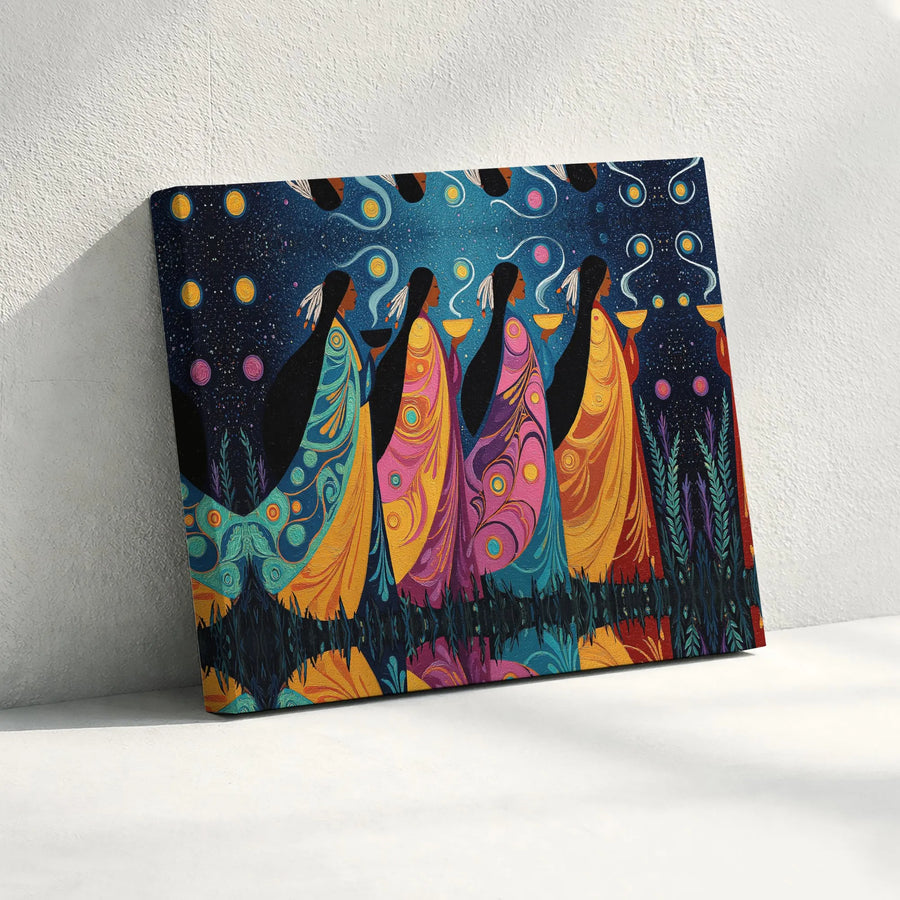 Native American Art Canvas Print | Vibrant Spiritual Ceremony Scene | Premium Fade-Resistant Print | Collector's Gift for Home Decor
