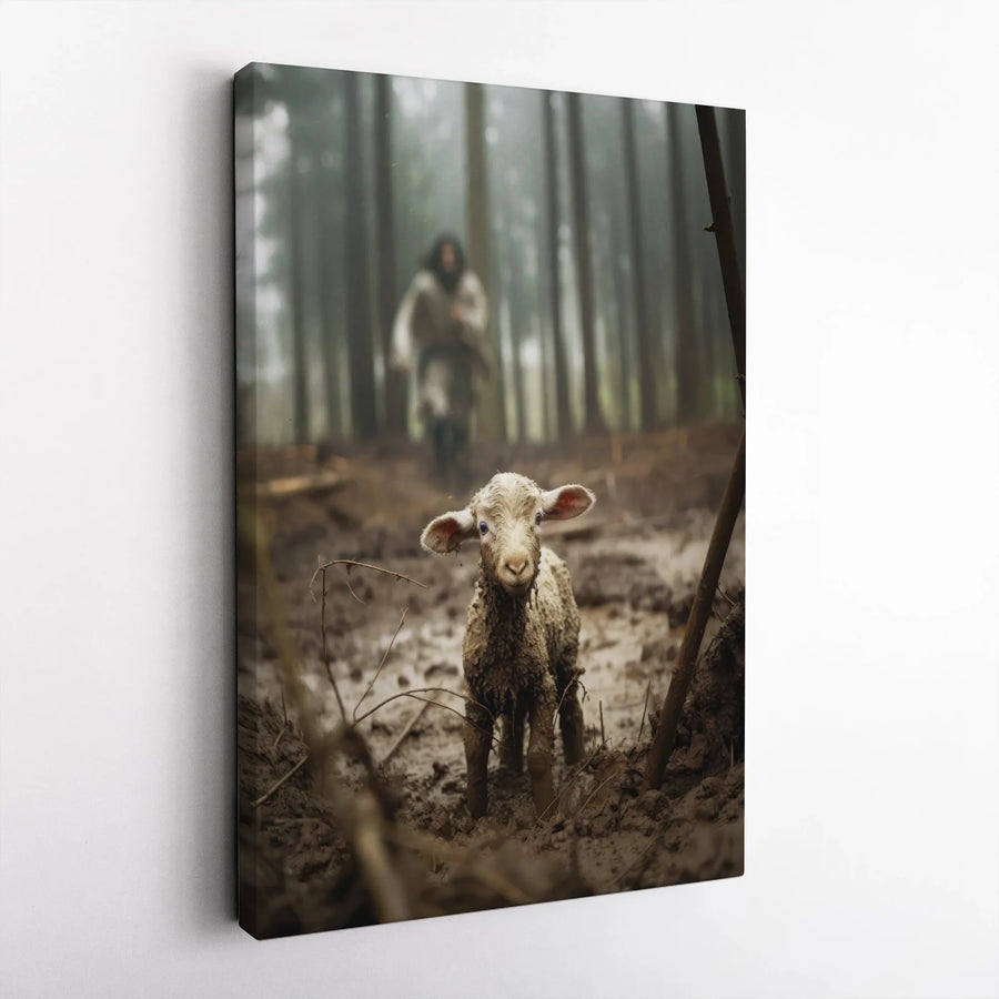 Jesus The Good Shepherd Canvas Art | Lost Lamb In Muddy Forest Print | Premium Gallery Wrap Wall Decor | Christian Religious Home Gift