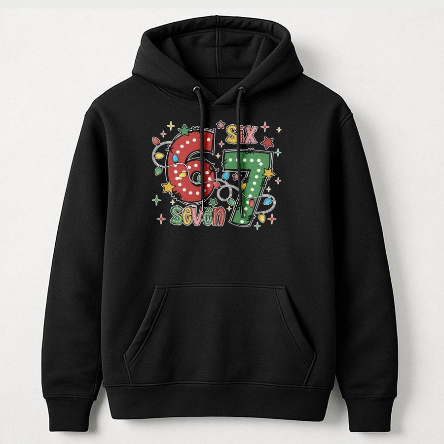 67 Christmas Hoodie | Festive Holiday Lights Graphic | Premium Cotton Blend | Funny Birthday or Holiday Gift for Ages 6-7