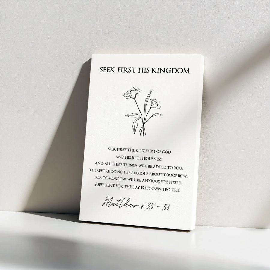 Matthew 6:33-34 Bible Verse Canvas | Seek First His Kingdom Floral Line Art | Premium Gallery Wrap Wall Decor | Christian Home Decor Gift
