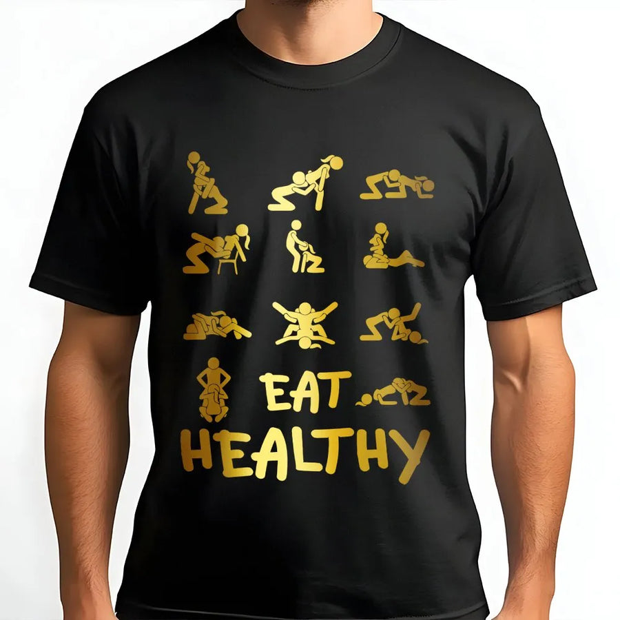 Eat Healthy Sarcastic Graphic T-Shirt | Rude Adult Humor Stick Figure Design | Premium Cotton Novelty Tee | Funny Gag Gift For Him Or Her