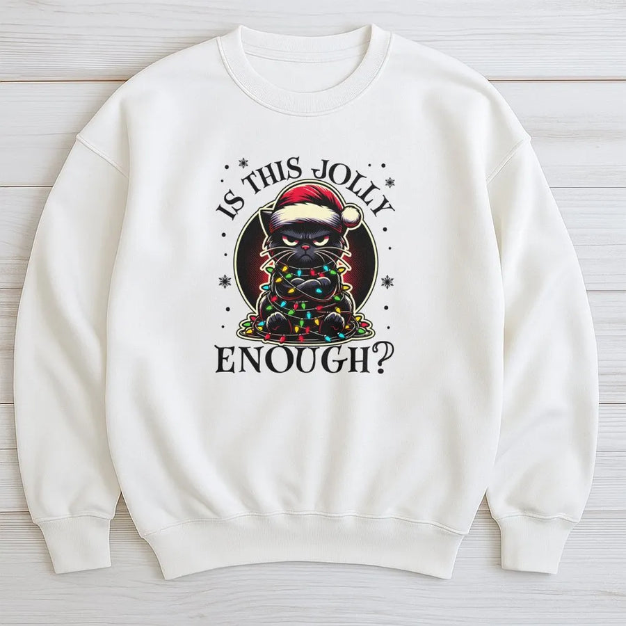 Funny Black Cat Christmas Sweatshirt | Is This Jolly Enough Grumpy Kitty Design | Premium Cotton Blend | Holiday Gift for Cat Lovers