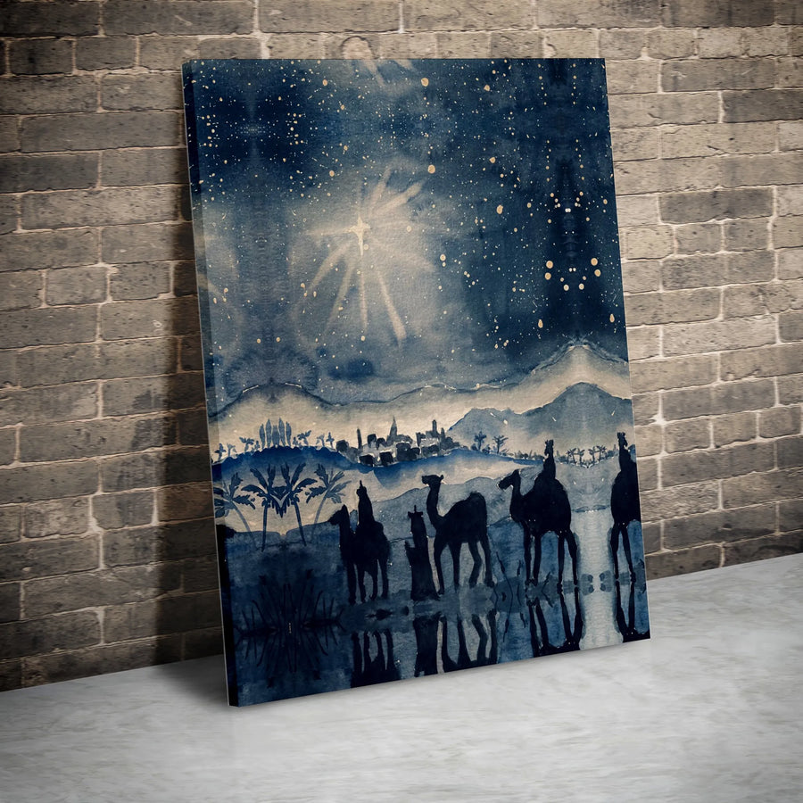 Nativity Scene Canvas Print | Three Wise Men Following Bethlehem Star | Watercolor Religious Wall Art | Premium Christmas Holiday Home Decor